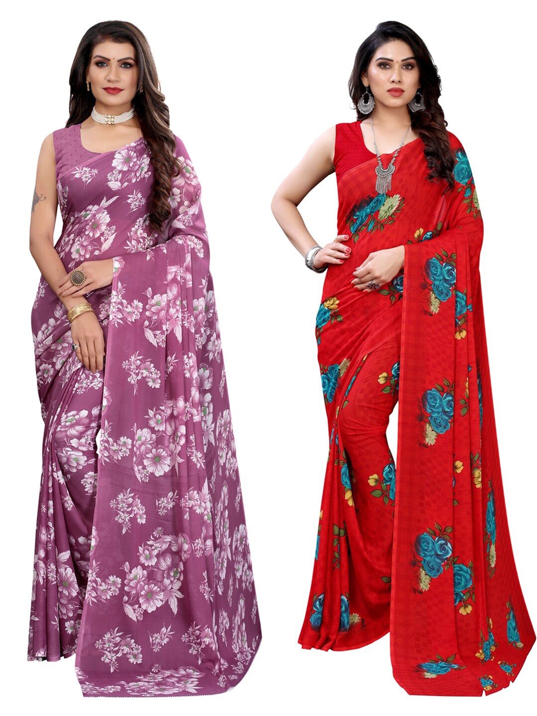 

KALINI Pack of 2 Mauve & Red Floral Sarees