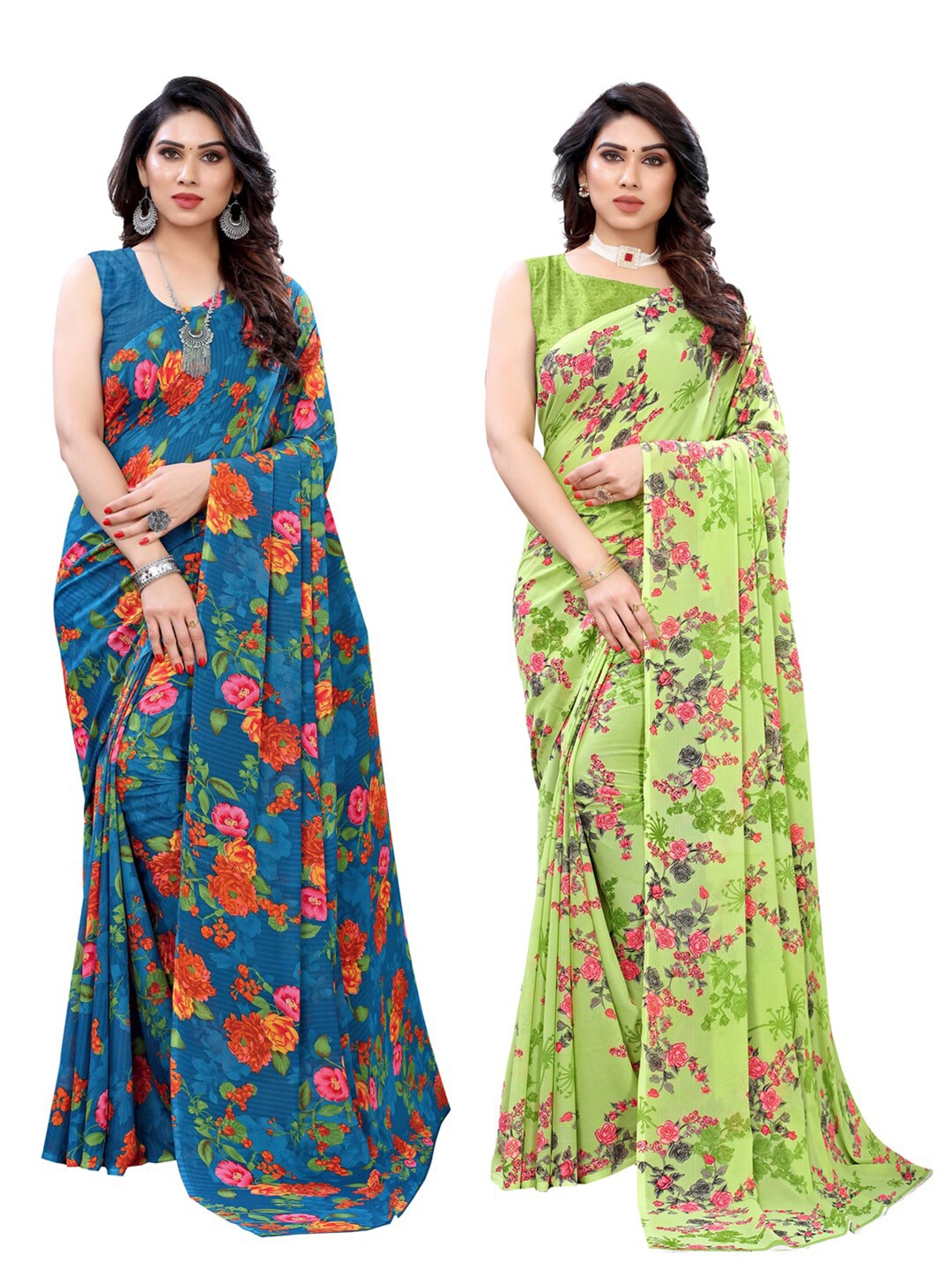 

KALINI Pack Of 2 Blue & Green Floral Printed Sarees