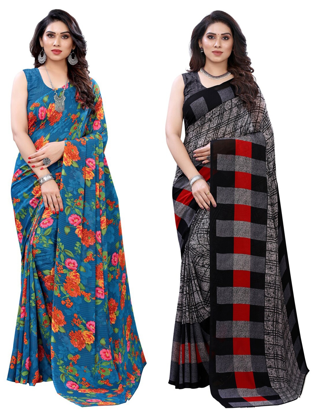 

KALINI Pack Of 2 Blue & Grey Floral Printed Saree