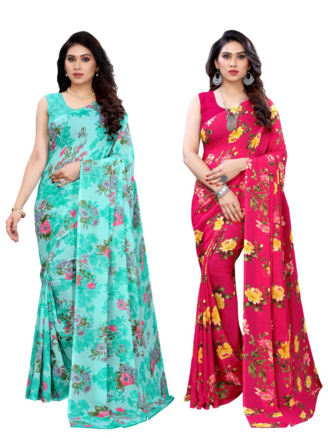 

KALINI Pack of 2 Sea Green & Red Printed Sarees