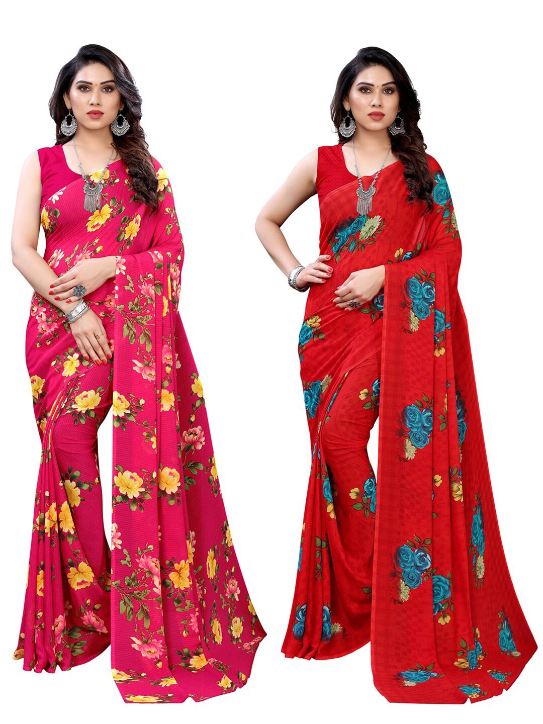

KALINI Pack Of 2 Red & Pink Floral Saree