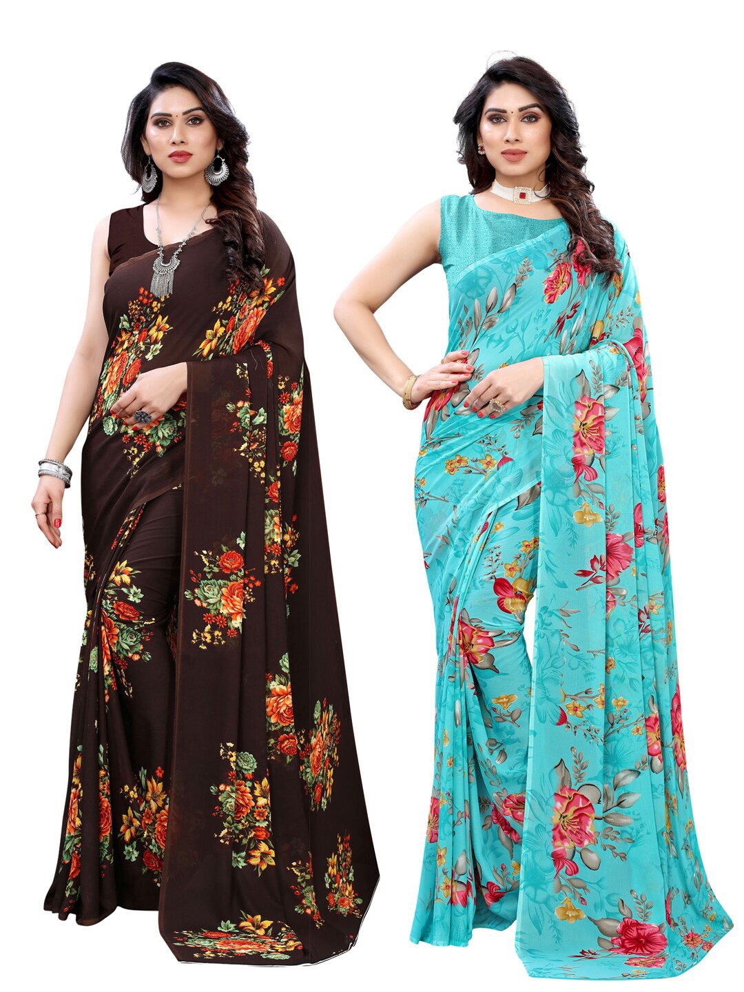 

KALINI Pack of 2 Brown & Blue Floral Sarees