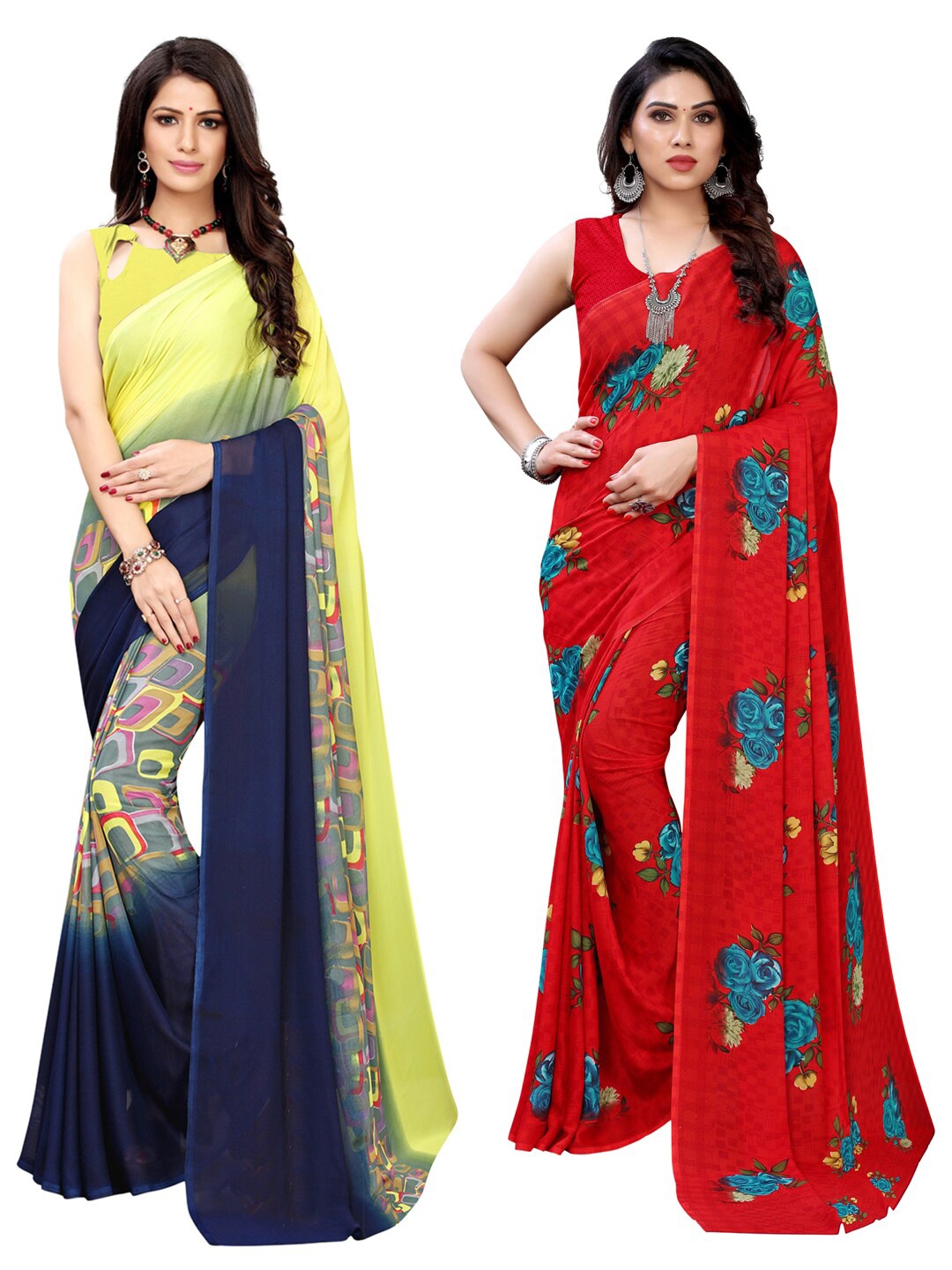 

KALINI Pack Of 2 Yellow & Red Printed Sarees