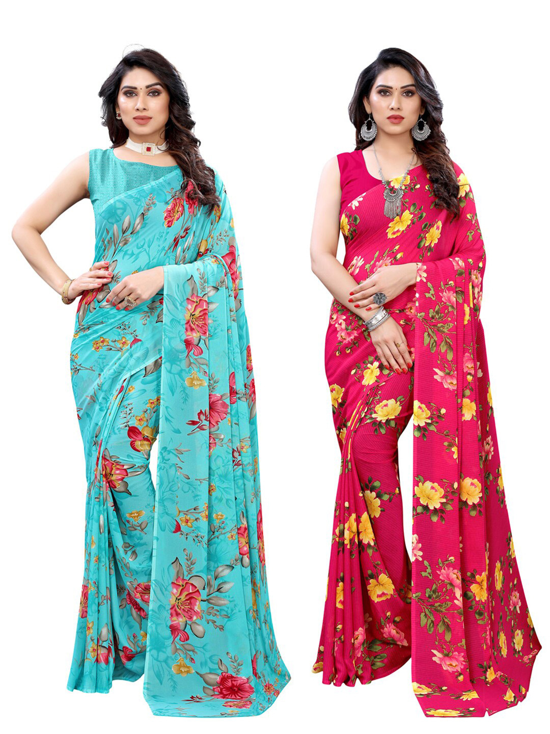 

KALINI Pack Of 2 Teal & Pink Printed Saree