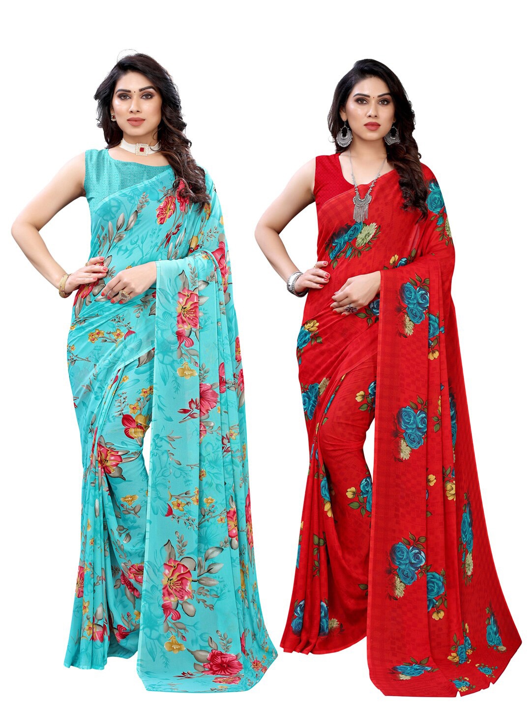 

KALINI Pack of 2 Teal & Red Floral Saree