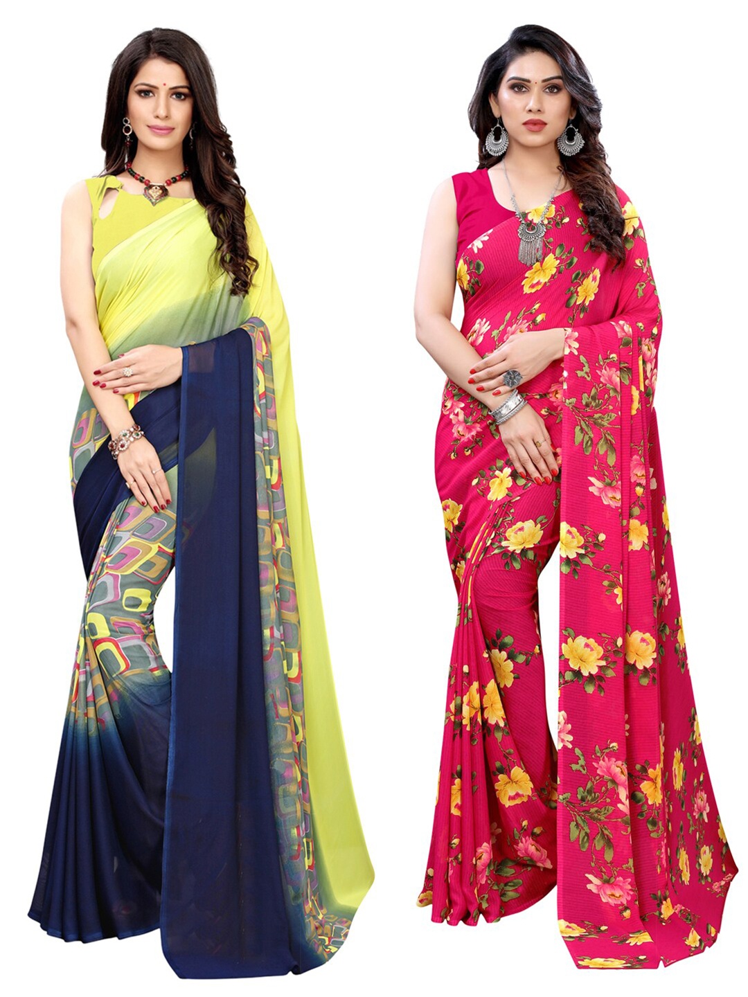 

KALINI Pack Of 2 Yellow & Pink Saree