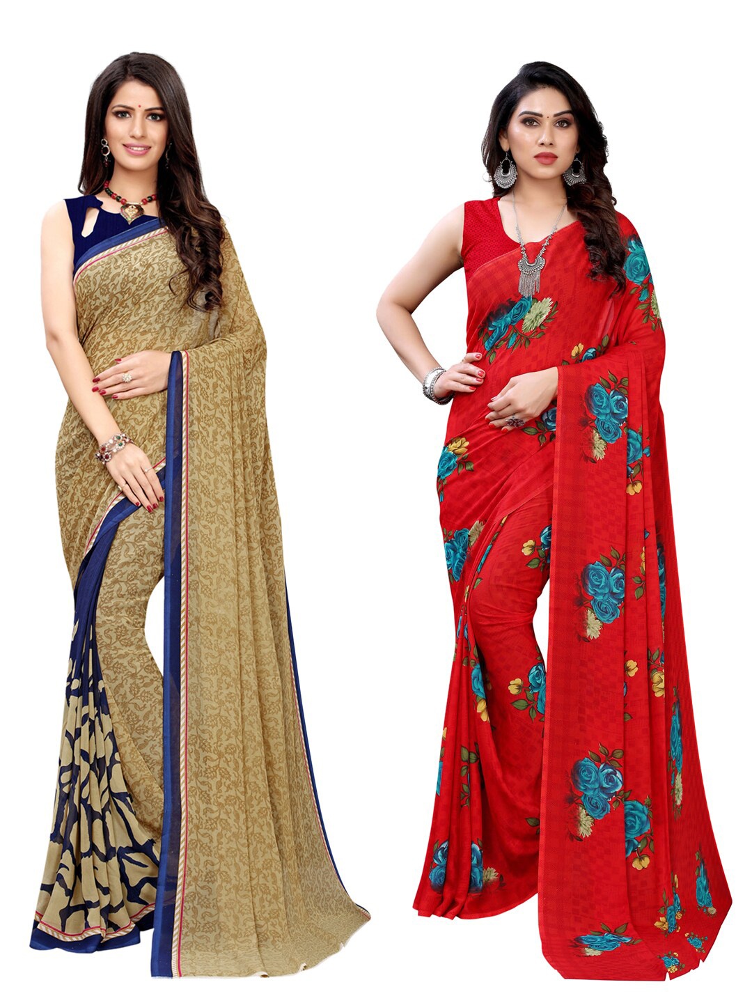 

KALINI Pack of 2 Beige & Red Floral Sarees