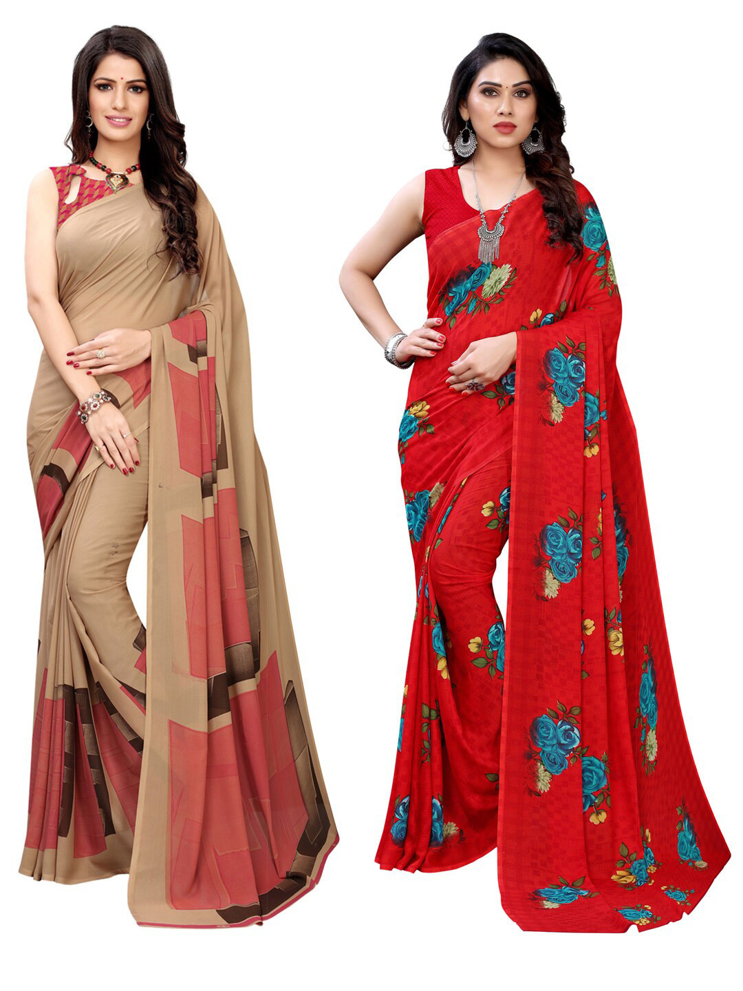 

KALINI Pack Of 2 Beige & Red Floral Printed Saree