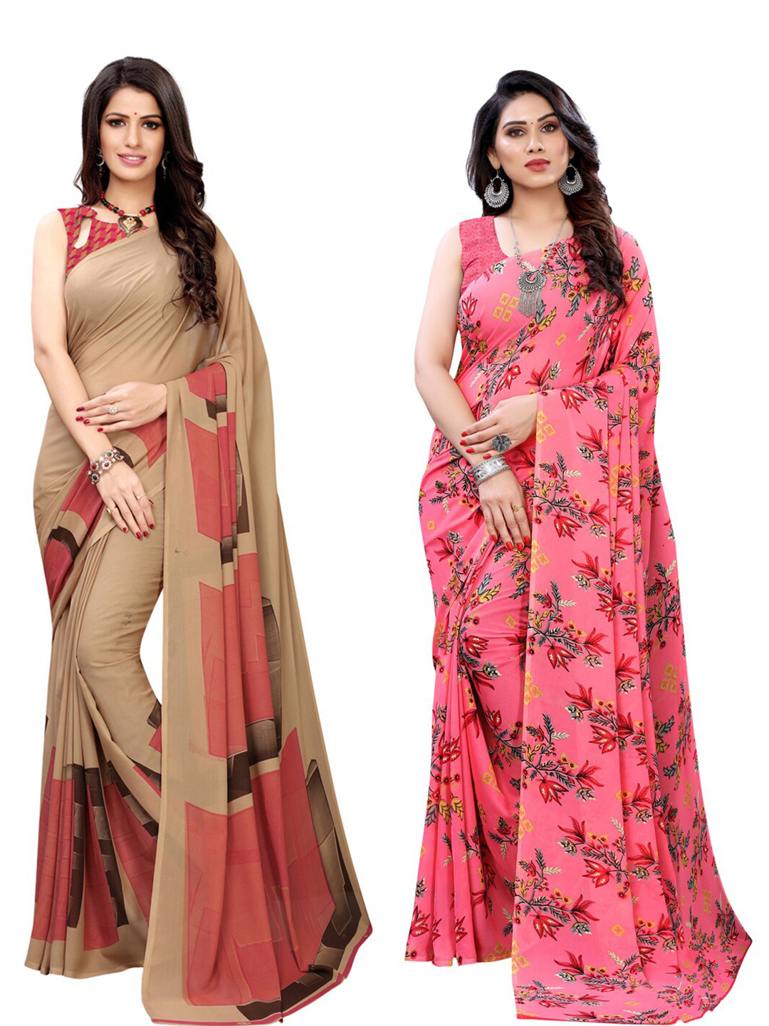 

KALINI Pack of 2 Beige & Pink Printed Sarees