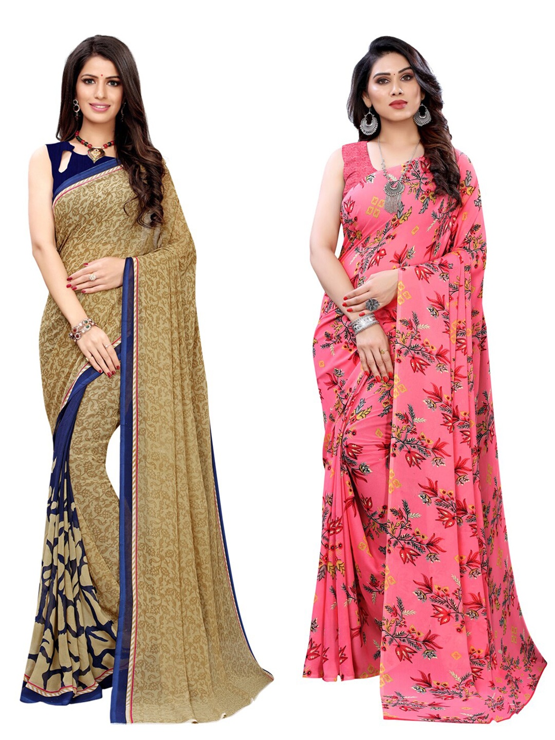 

KALINI Pack of 2 Beige & Pink Floral Saree