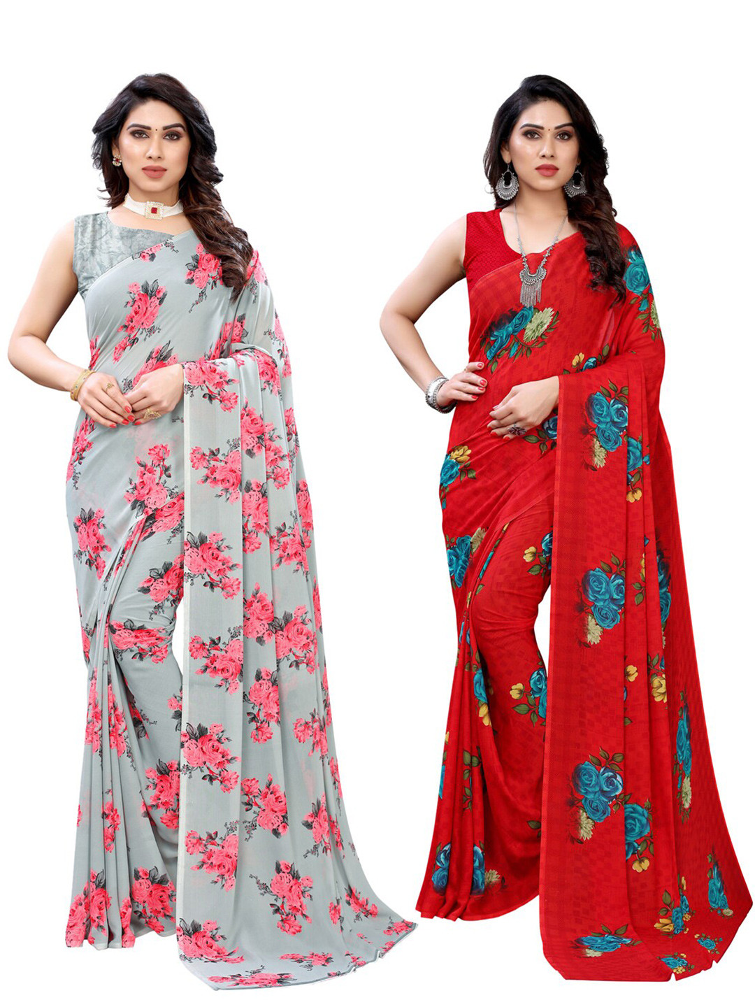 

KALINI Pack of 2 Grey & Red Floral Sarees
