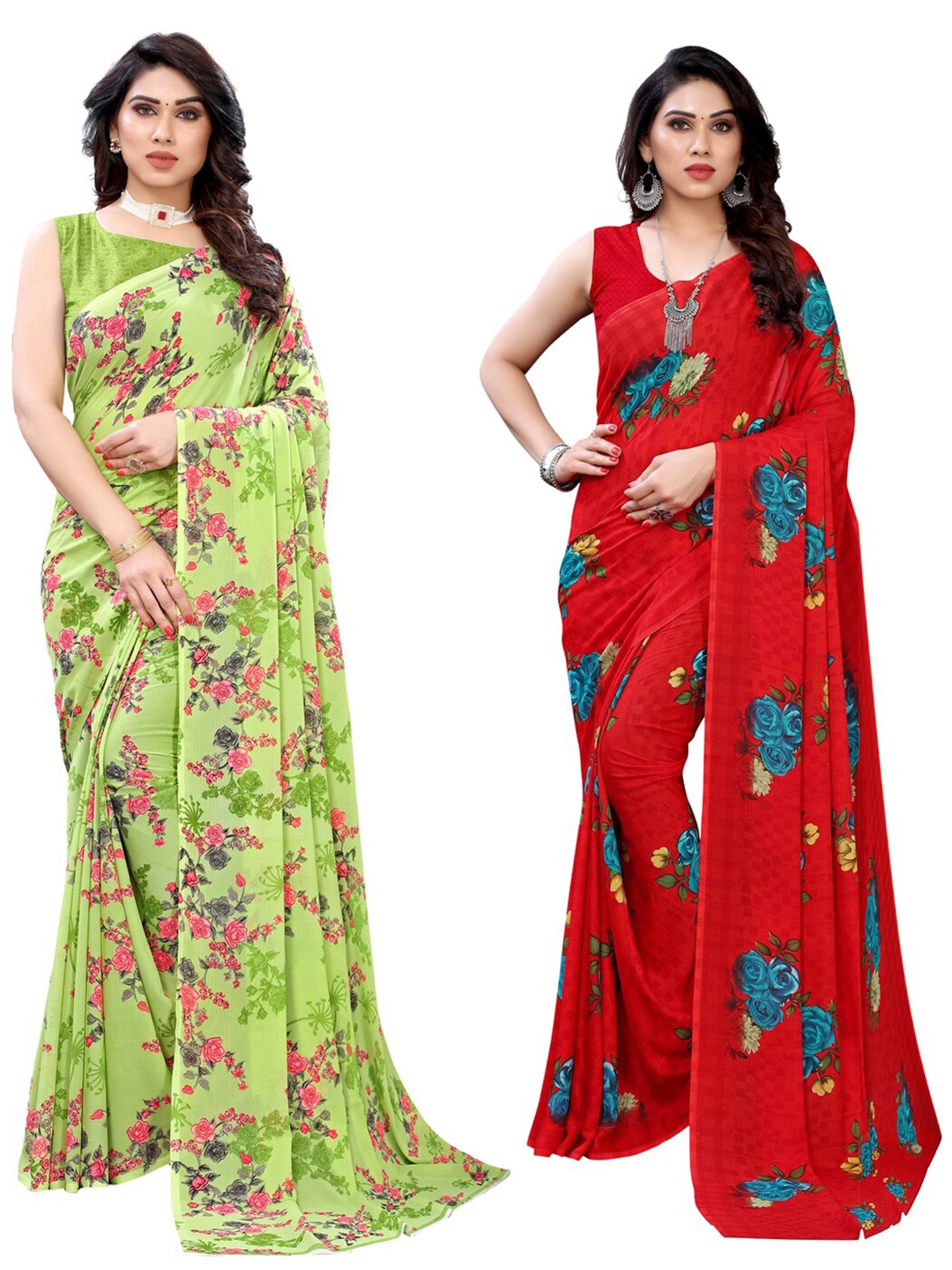 

KALINI Pack Of 2 Fluorescent Green & Red Floral Printed Saree