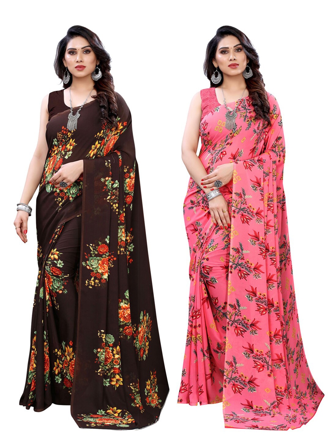 

KALINI Pack Of 2 Brown & Pink Floral Saree