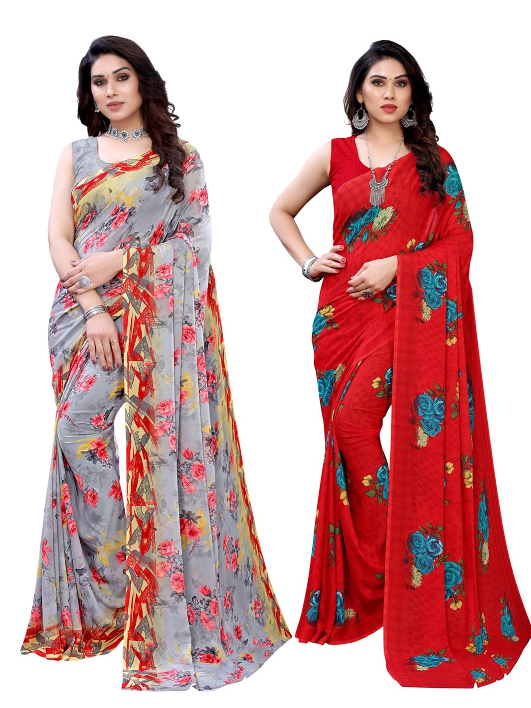 

KALINI Pack of 2 Floral Printed Saree, Grey