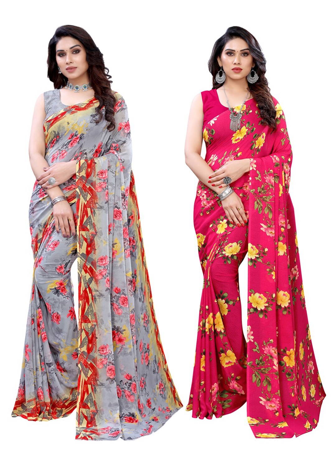 

KALINI Pack Of 2 Grey & Pink Floral Printed Sarees