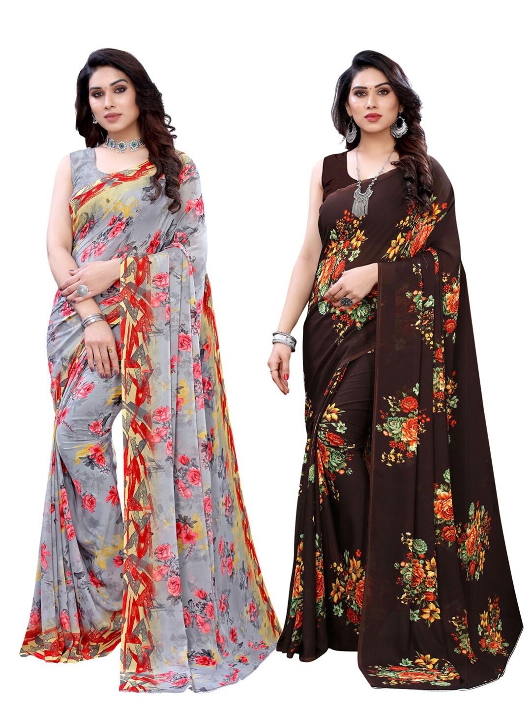 

KALINI Pack Of 2 Grey & Brown Floral Printed Saree