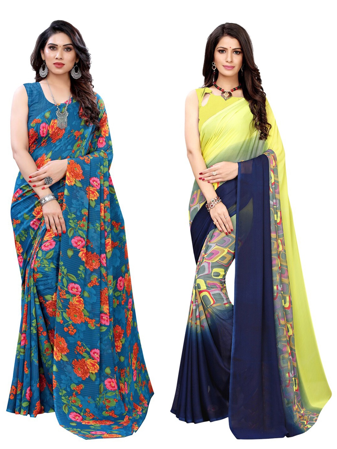 

KALINI Pack of 2 Blue & Yellow Printed Sarees