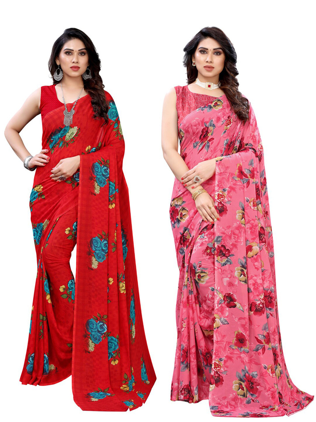 

KALINI Pack of 2 Red & Pink Floral Saree