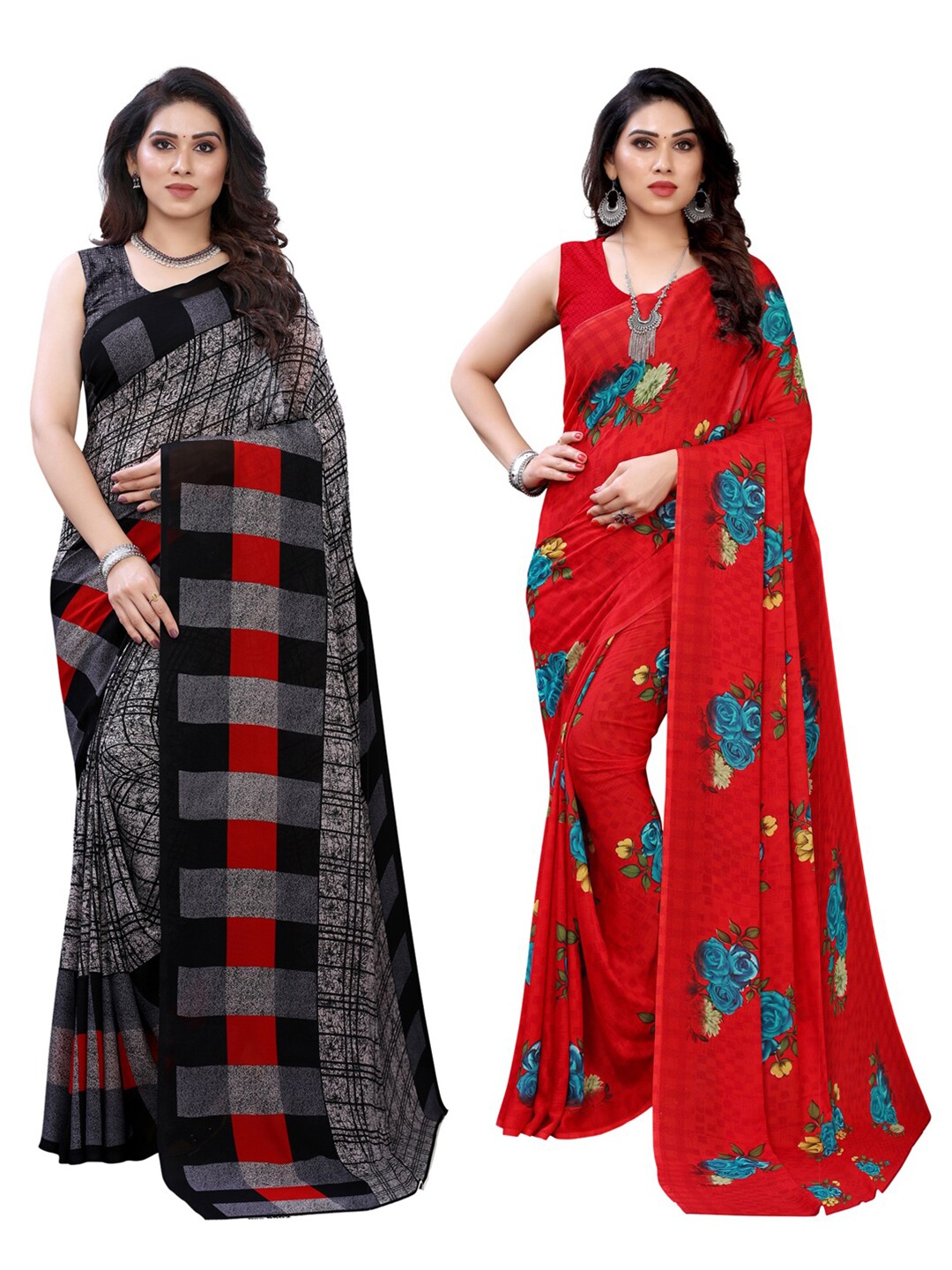 

KALINI Pack Of 2 Grey & Red Floral Saree