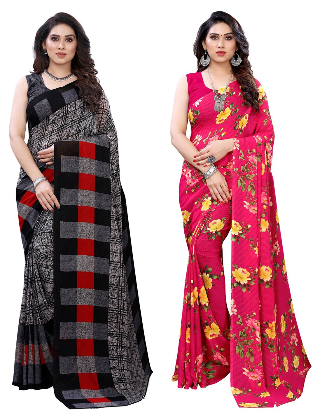 

KALINI Pack of 2 Grey & Pink Checked Sarees