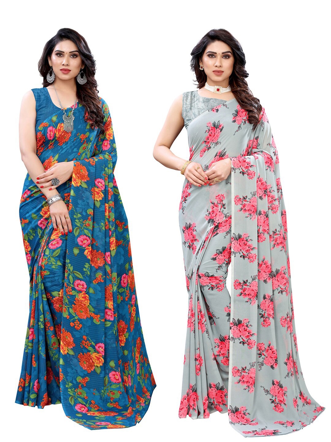 

KALINI Pack of 2 Floral Printed Saree, Blue