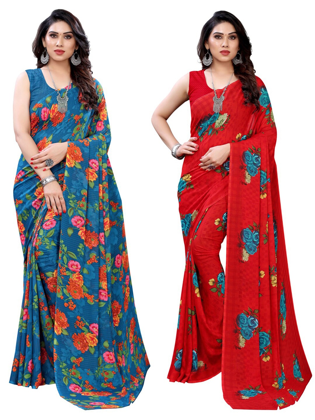 

KALINI Pack Of 2 Blue & Red Floral Printed Sarees
