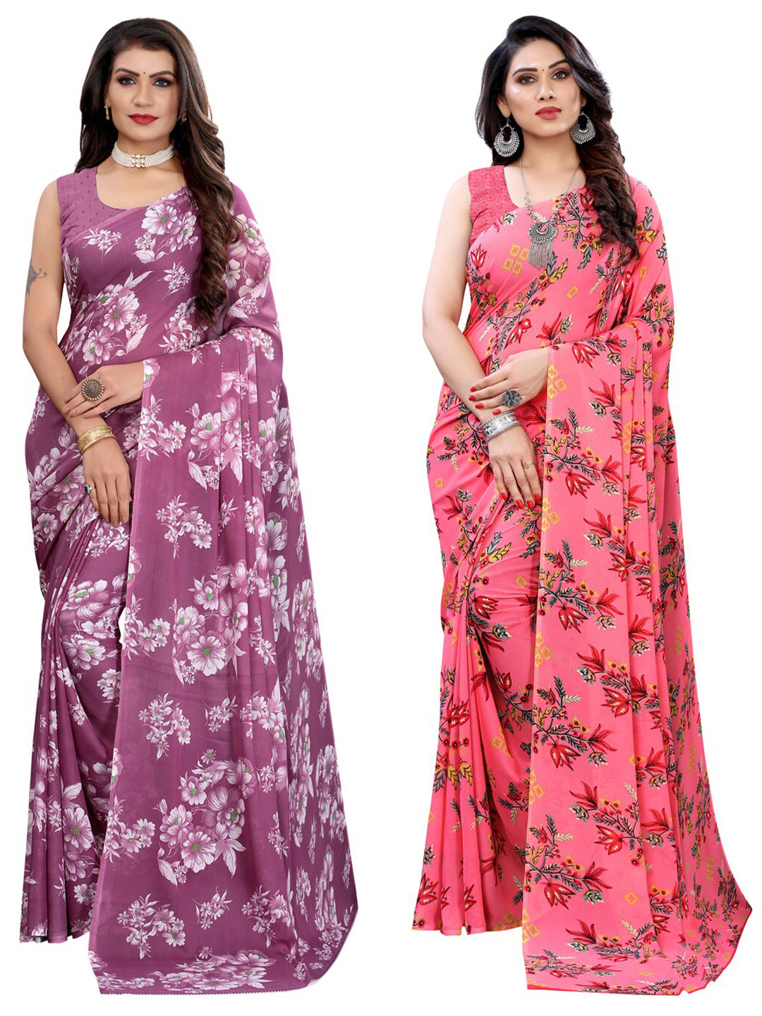 

KALINI Pack Of 2 Mauve & Pink Floral Printed Saree