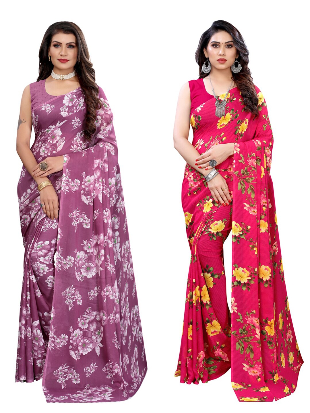 

KALINI Pack of 2 Mauve & Red Printed Sarees