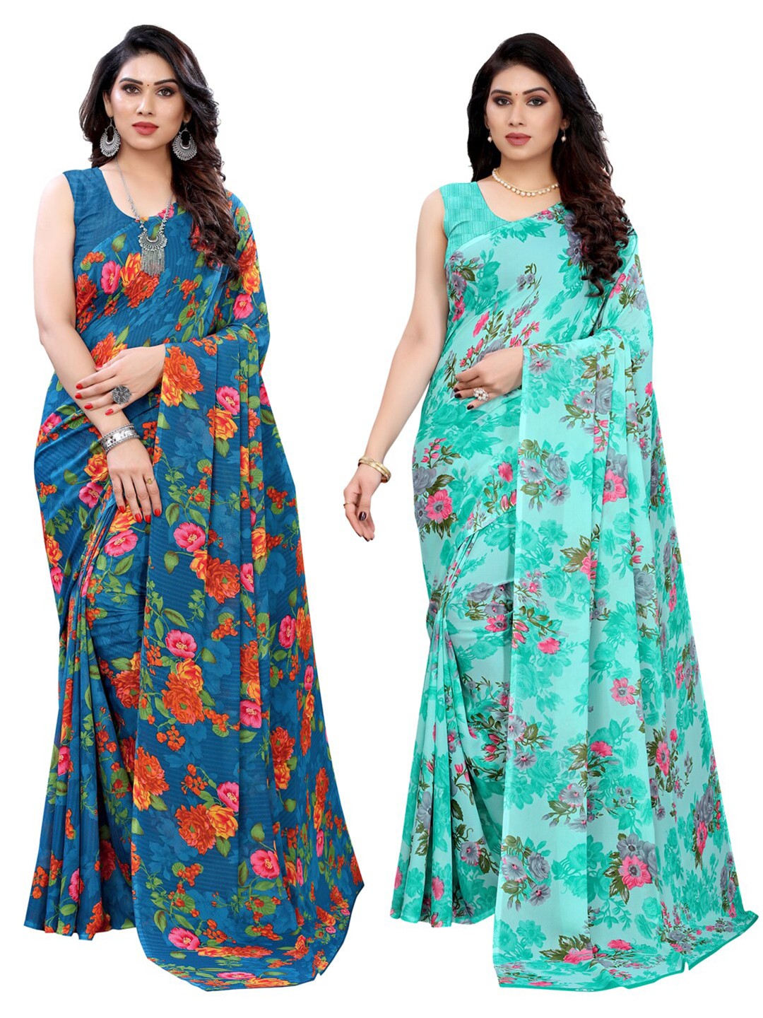 

KALINI Pack of 2 Blue & Red Floral Saree