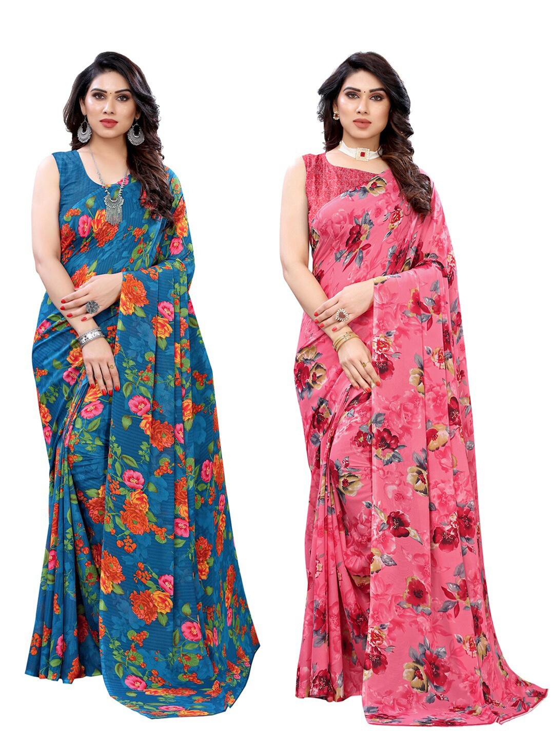 

KALINI Pack Of 2 Blue & Pink Floral Saree