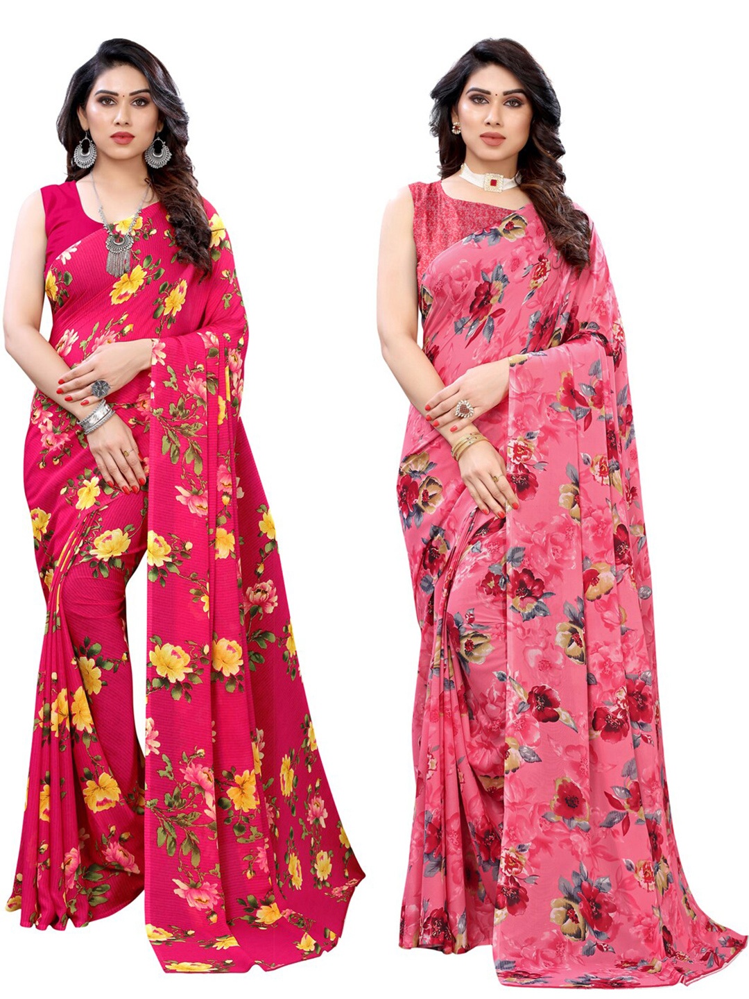 

KALINI Pack of 2 Red & Pink Floral Sarees