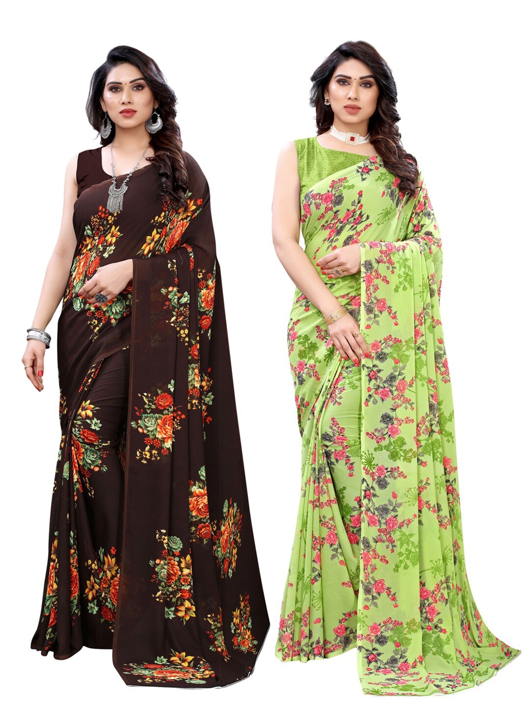 

KALINI Pack of 2 Floral Printed Saree, Brown