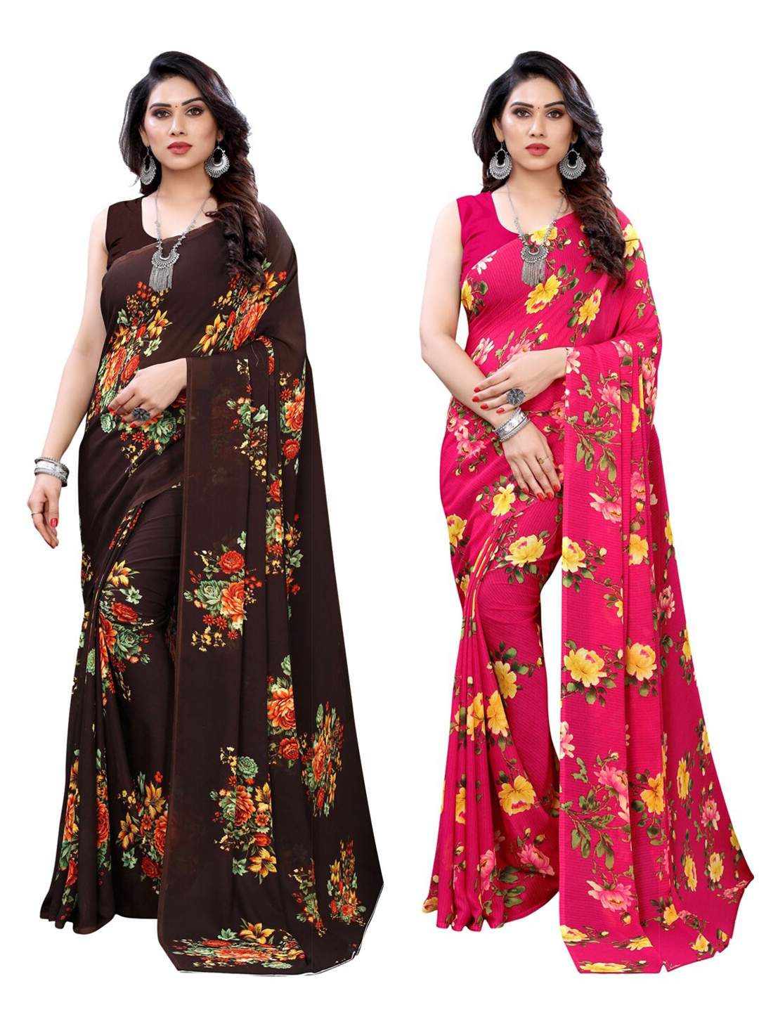 

KALINI Pack Of 2 Brown & Pink Floral Printed Sarees