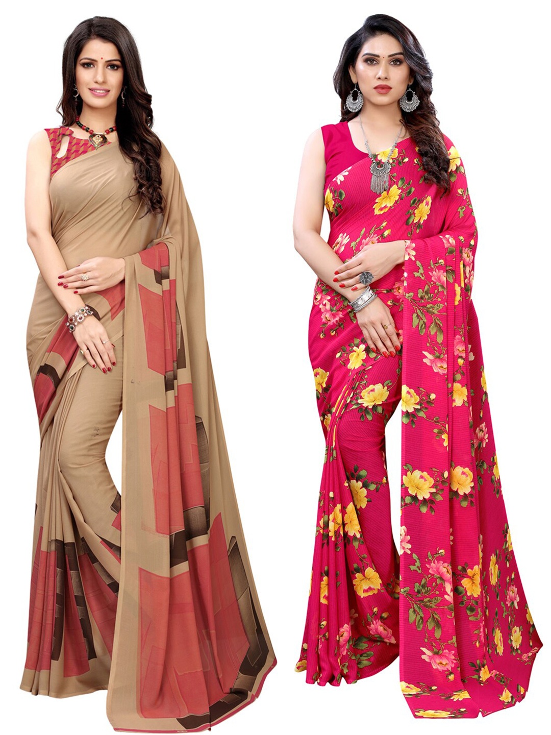 

KALINI Pack Of 2 Beige & Pink Floral Printed Saree