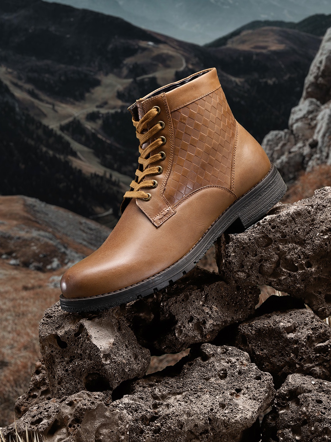 

The Roadster Lifestyle Co Men Tan Brown Solid Mid-Top Leather Flat Boots with Textured Detail