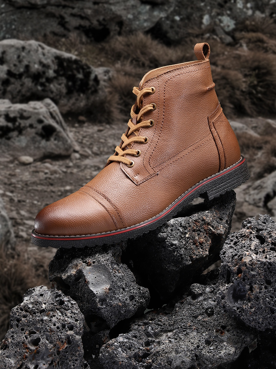 

The Roadster Lifestyle Co Men Tan Brown Solid Mid-Top Leather Flat Boots