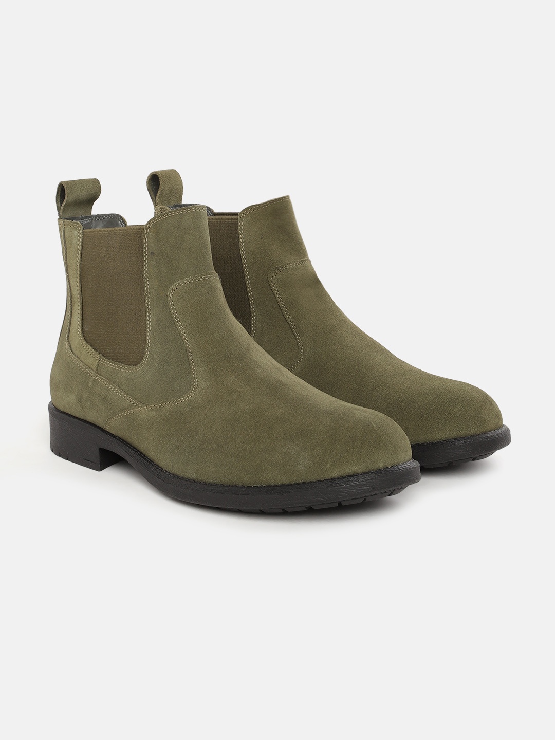 

The Roadster Lifestyle Co Men Olive Green Solid Mid-Top Leather Chelsea Boots