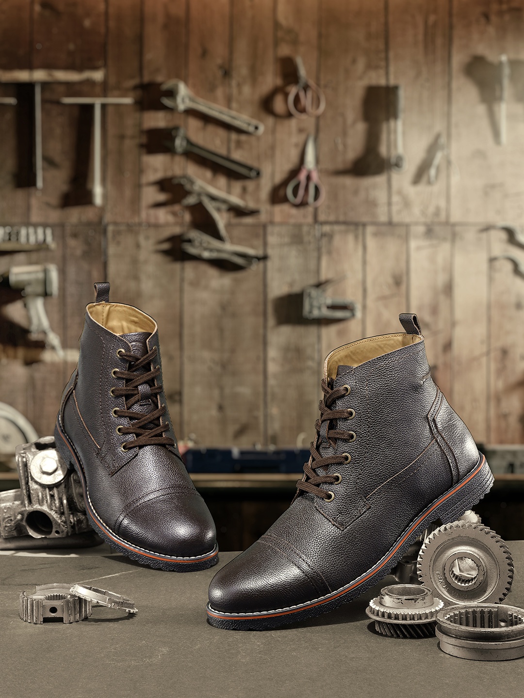 

The Roadster Lifestyle Co Men Coffee Brown Solid Mid-Top Leather Flat Boots