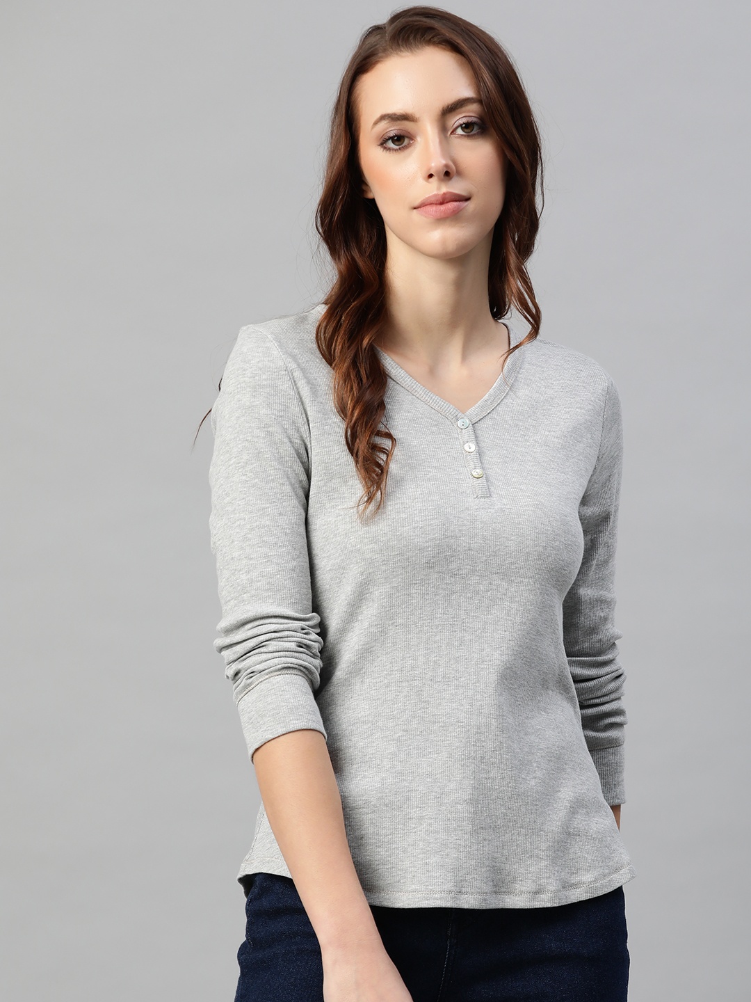 

Marks & Spencer Grey Melange Solid Mandarin Collar Regular Top