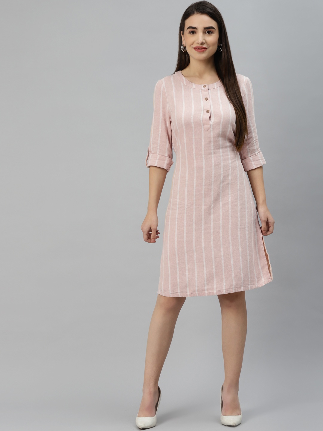 

Marks & Spencer Pink & Off-White Striped A-Line Dress