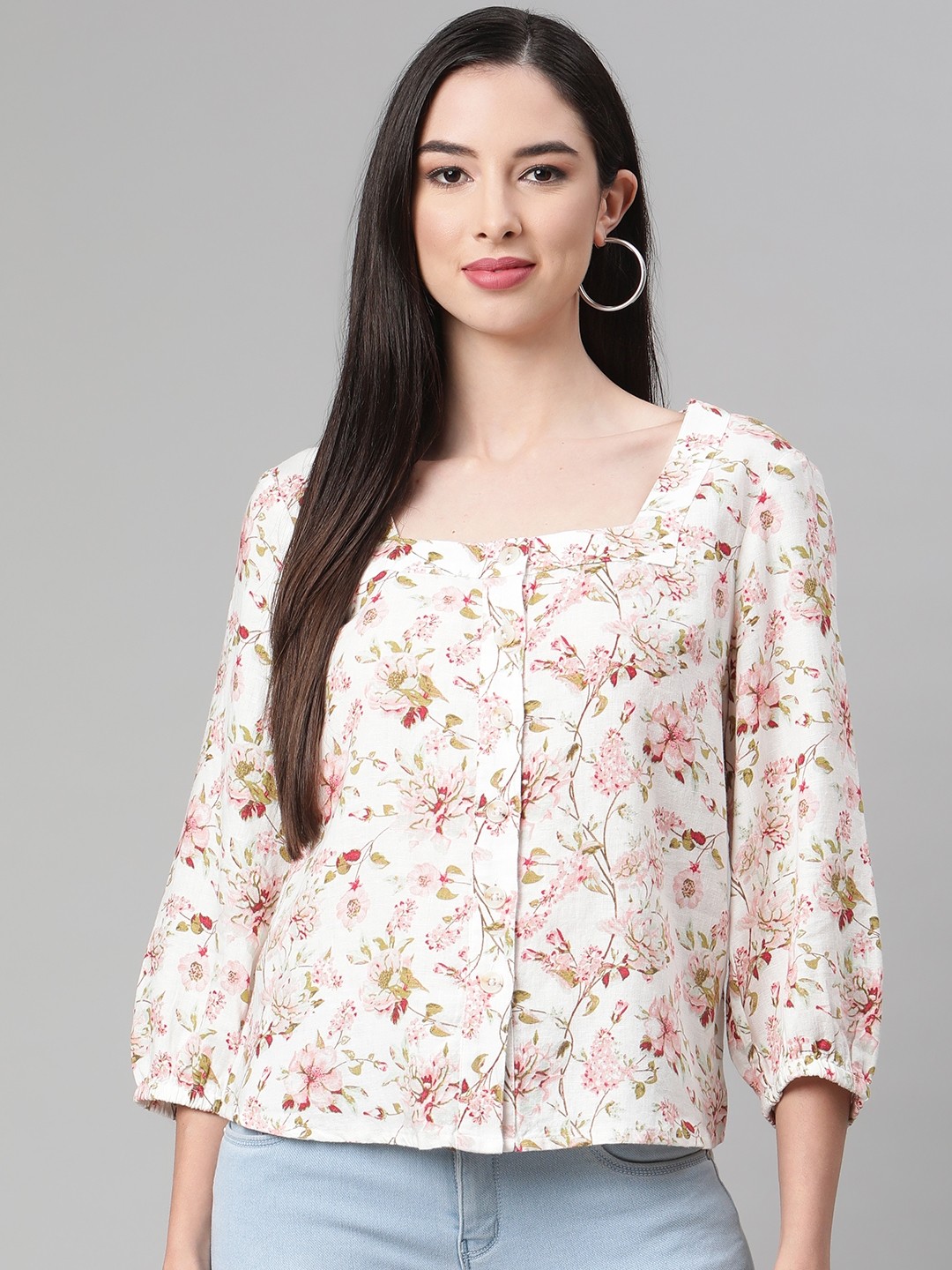 

Marks & Spencer White & Pink Floral Linen Regular Top
