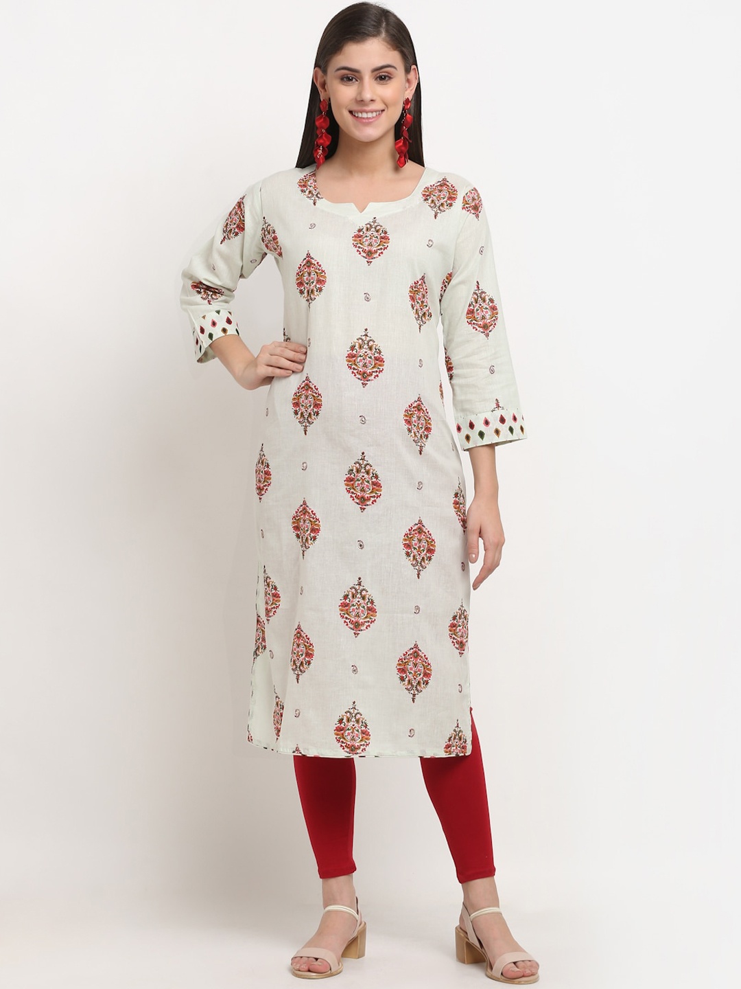 

GRACIT Women Off White Ethnic Motifs Printed Regular Pure Cotton Kurta with Churidar