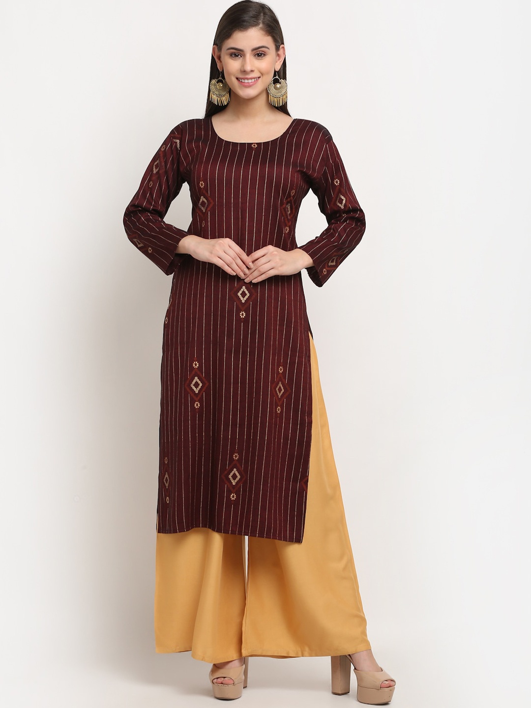 

GRACIT Women Maroon Striped Panelled Kurta with Palazzos