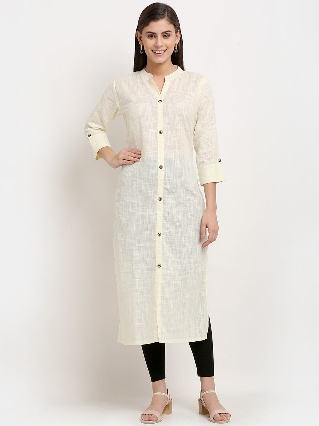 

GRACIT Women Cream-Coloured High Slit Pure Cotton Kurti with Churidar