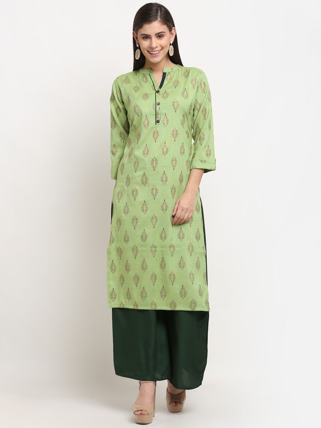 

GRACIT Women Green Ethnic Motifs Printed Regular Pure Cotton Kurta with Palazzos