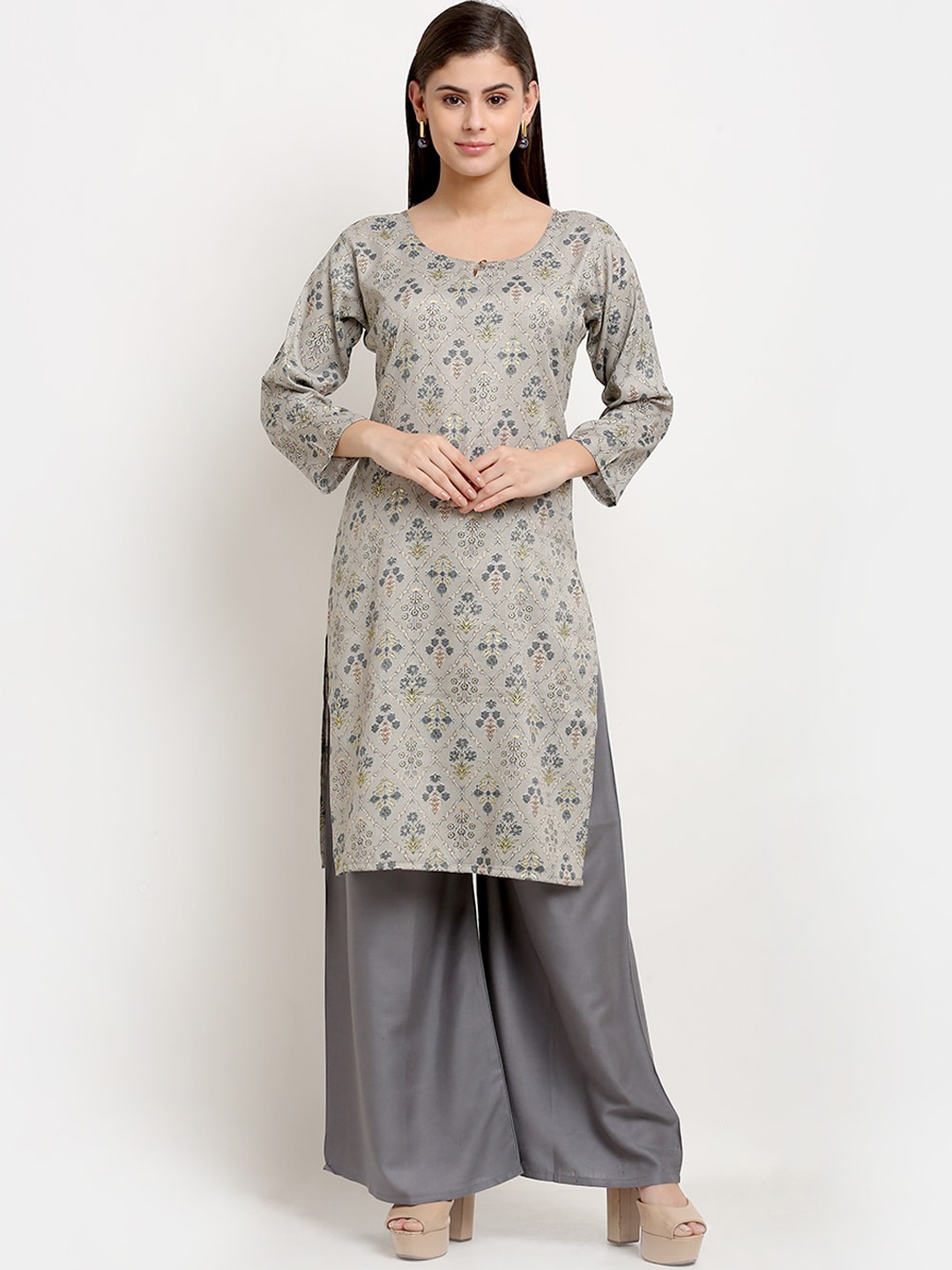 

GRACIT Women Grey Ethnic Motifs Printed Regular Kurta with Palazzos