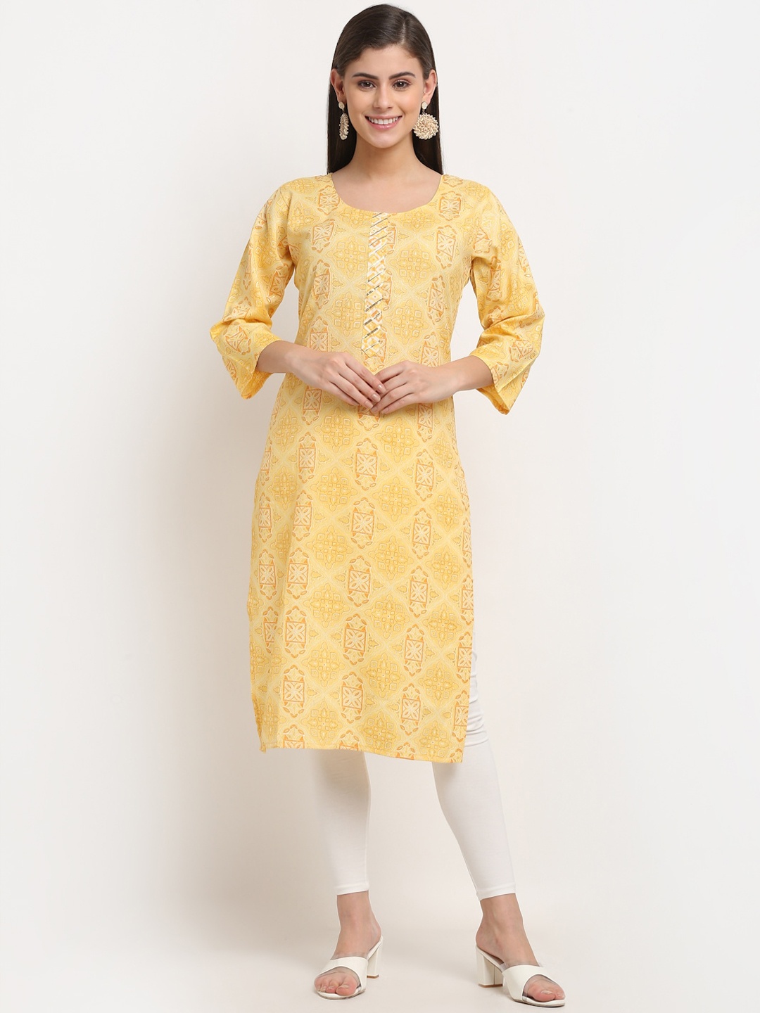 

GRACIT Women Yellow Floral Printed Regular Kurti with Churidar