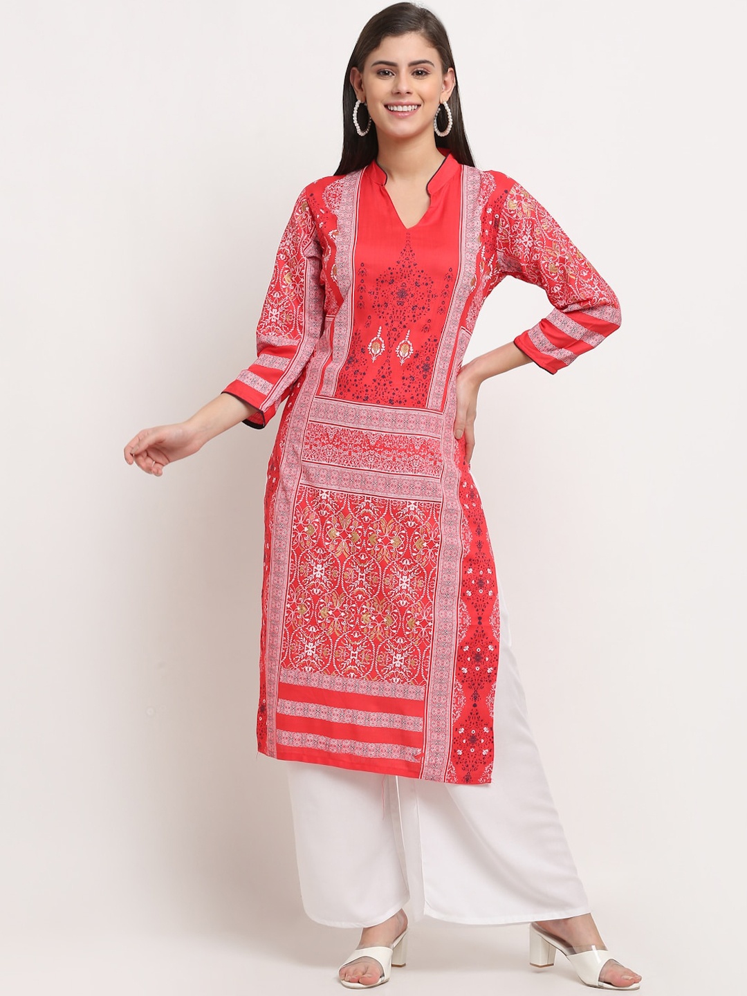 

GRACIT Women Red Ethnic Motifs Printed Regular Pure Cotton Kurta with Palazzos