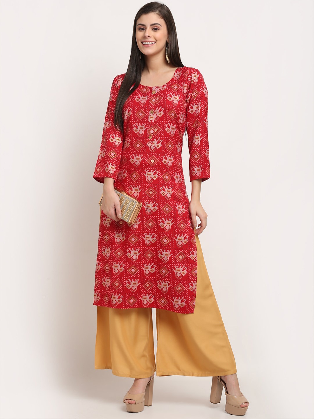 

GRACIT Women Red Ethnic Motifs Printed Regular Kurti with Palazzos