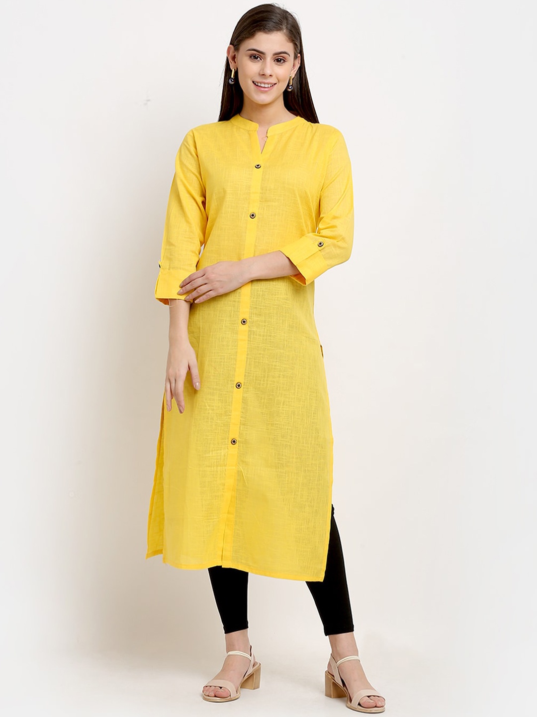 

GRACIT Women Yellow Striped Pleated Pure Cotton Kurti with Churidar